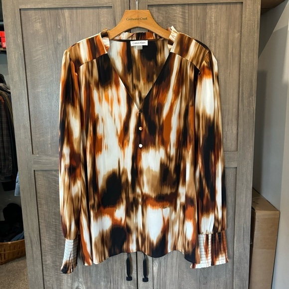 NWOT Calvin Klein 2X Top V Neck Popover Print Blouse Balloon Sleeve - Picture 1 of 12